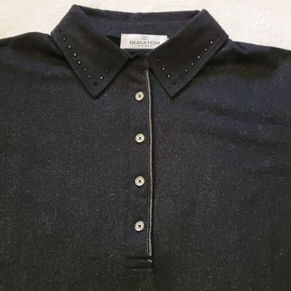 Bugatchi Pullover Size Large Black Top Partial Button Rhinestone Accents Collar - Picture 3 of 7